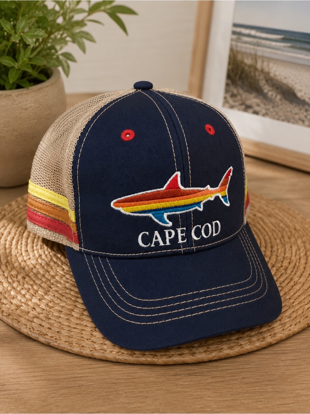Cape Cod Navy Trucker Hat with Rainbow Shark Patch NWT